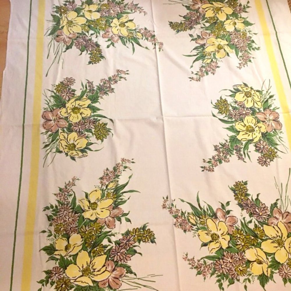 Linen Tablecloth Mid Century Vintage 50s Simtex Floral Oblong White Yellow Green